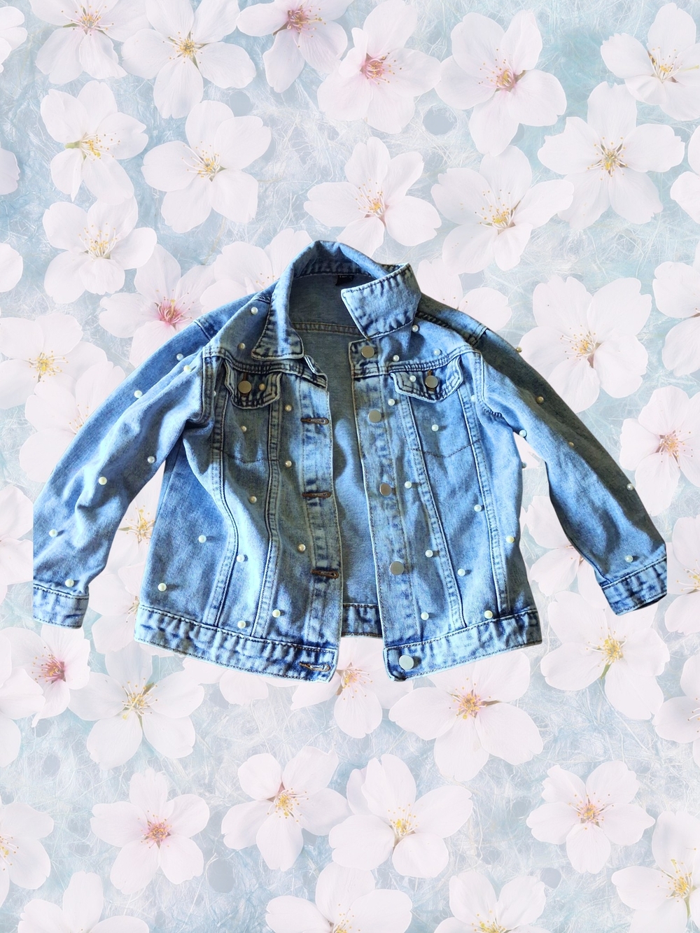 SHEIN Light Blue Pearl-Embellished Kids Denim Jacket
